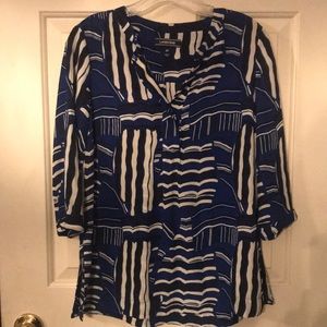 Lands’ End 3/4 sleeve blouse. 2 Petite. Blue, black, and white designs.